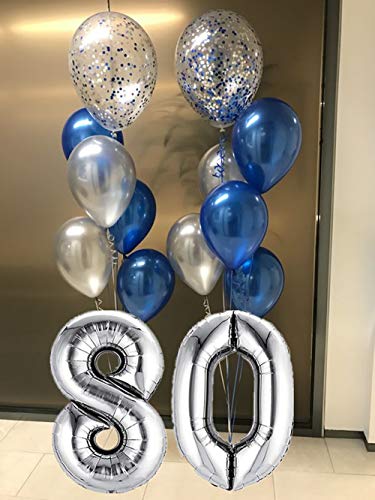 JeVenis 36 PCS Silver Blue 80th Birthday Decorations Artículos de Fiesta 80 Globos de cumpleaños Happy Birthday Balloon Banner 80 Decoraciones de cumpleaños