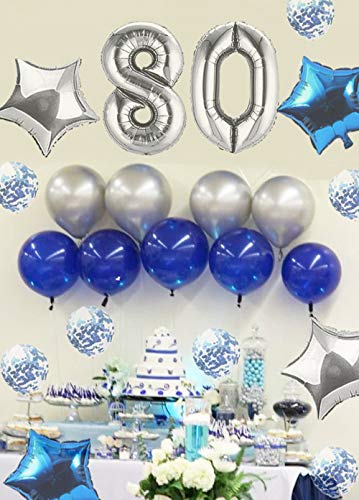 JeVenis 36 PCS Silver Blue 80th Birthday Decorations Artículos de Fiesta 80 Globos de cumpleaños Happy Birthday Balloon Banner 80 Decoraciones de cumpleaños
