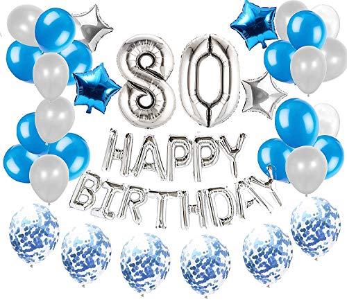 JeVenis 36 PCS Silver Blue 80th Birthday Decorations Artículos de Fiesta 80 Globos de cumpleaños Happy Birthday Balloon Banner 80 Decoraciones de cumpleaños