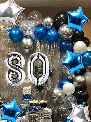 JeVenis 36 PCS Silver Blue 80th Birthday Decorations Artículos de Fiesta 80 Globos de cumpleaños Happy Birthday Balloon Banner 80 Decoraciones de cumpleaños