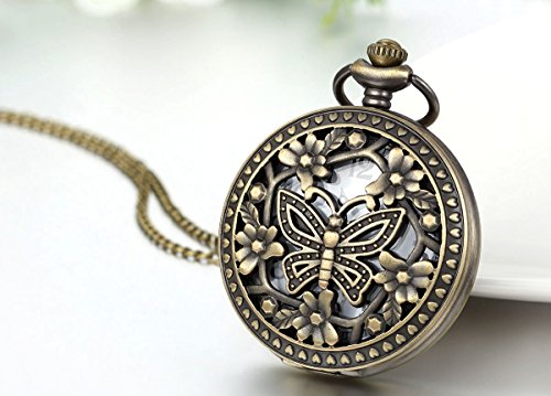 JewelryWe Reloj de Bolsillo pequeño con Cadena Larga, Flores y Mariposa Retro Hueco Colgante para Vestido, Regalo para Mujer