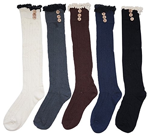 JHosiery Calcetines hasta la rodilla de algodón para mujer con encaje y botones