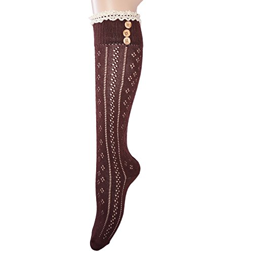 JHosiery Calcetines hasta la rodilla de algodón para mujer con encaje y botones