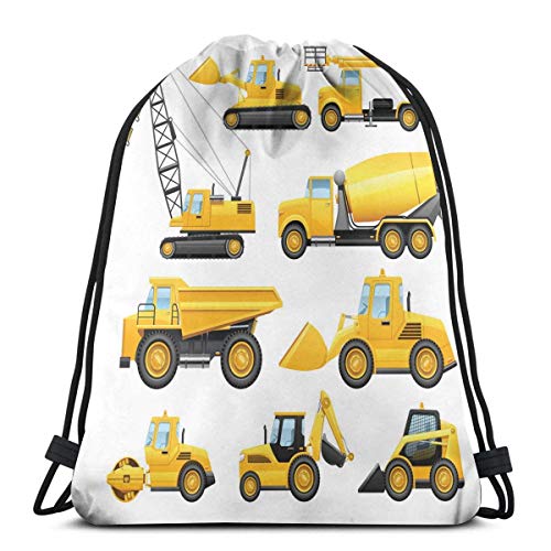 JHUIK Drawstring Bag Backpack,Mochilas con cordón Impresas Mochilas, Imágenes abstractas de vehículos de construcción Maquinaria Camiones Grúa Excavadora, Cierre de Cuerda Ajustable