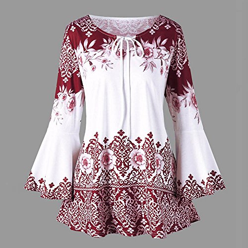 JiaMeng Blusa Mujer Camisa De Manga Larga Camisas Tallas Grandes de la Llamarada Impresa del tamaño Extra Grande de la Manera Blusas Camisetas del Ojo de la Cerradura(Rojo,3XL)
