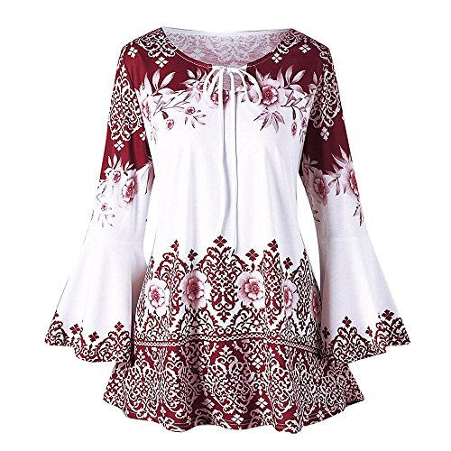 JiaMeng Blusa Mujer Camisa De Manga Larga Camisas Tallas Grandes de la Llamarada Impresa del tamaño Extra Grande de la Manera Blusas Camisetas del Ojo de la Cerradura(Rojo,3XL)