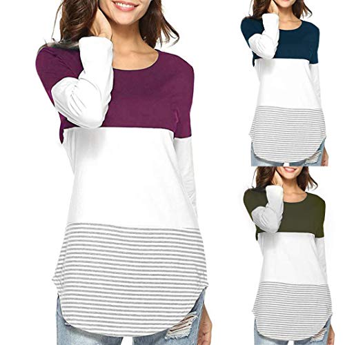 JiaMeng Camisas Mujer, Nuevo Blusas para Mujer Camiseta Tops elásticas de Manga Larga a Rayas de Manga Larga Diaria Blusas(Azul Oscuro,M)