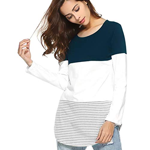 JiaMeng Camisas Mujer, Nuevo Blusas para Mujer Camiseta Tops elásticas de Manga Larga a Rayas de Manga Larga Diaria Blusas(Azul Oscuro,M)