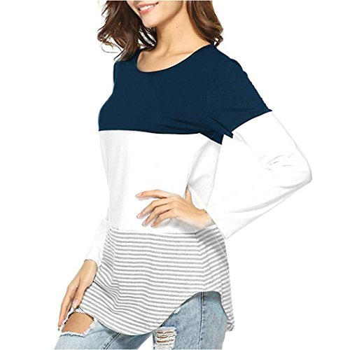 JiaMeng Camisas Mujer, Nuevo Blusas para Mujer Camiseta Tops elásticas de Manga Larga a Rayas de Manga Larga Diaria Blusas(Azul Oscuro,M)