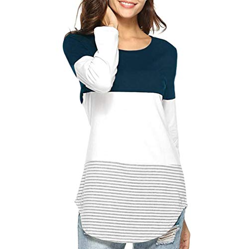 JiaMeng Camisas Mujer, Nuevo Blusas para Mujer Camiseta Tops elásticas de Manga Larga a Rayas de Manga Larga Diaria Blusas(Azul Oscuro,M)
