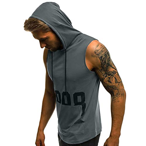 JiaMeng Camisetas Elástica de Fitness sin Mangas Tank Top Gym para Hombre Fitness Muscle Estampado sin Mangas con Capucha Culturismo Bolsillos de Secado Ajustado