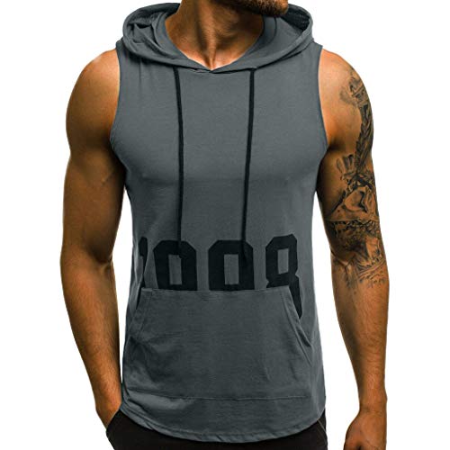 JiaMeng Camisetas Elástica de Fitness sin Mangas Tank Top Gym para Hombre Fitness Muscle Estampado sin Mangas con Capucha Culturismo Bolsillos de Secado Ajustado