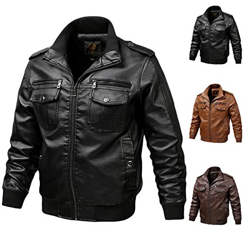 JiaMeng-ZI Ropa de Moda Color SóLido Lapel Chaqueta de Cuero Multi-Bolsillo PU Cazadora Bomber Impermeable A Prueba de Viento Jacket Cálido y Cómodo Cazadora Biker Bolsillo con Cremallera