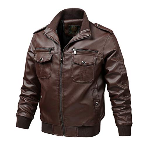 JiaMeng-ZI Ropa de Moda Color SóLido Lapel Chaqueta de Cuero Multi-Bolsillo PU Cazadora Bomber Impermeable A Prueba de Viento Jacket Cálido y Cómodo Cazadora Biker Bolsillo con Cremallera