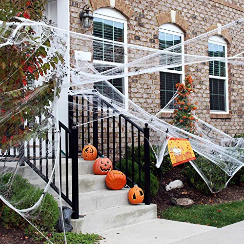 JIASHA Halloween Spider Web Decoraciones, tela de araña súper elástica con 20 arañas falsas de plástico para fiestas de Halloween accesorios de escena, bar casa encantada