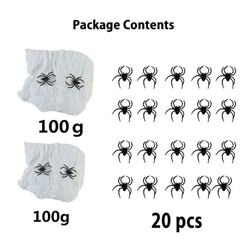 JIASHA Halloween Spider Web Decoraciones, tela de araña súper elástica con 20 arañas falsas de plástico para fiestas de Halloween accesorios de escena, bar casa encantada