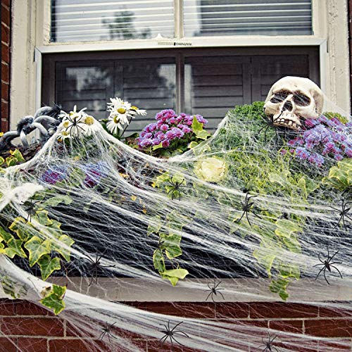 JIASHA Halloween Spider Web Decoraciones, tela de araña súper elástica con 20 arañas falsas de plástico para fiestas de Halloween accesorios de escena, bar casa encantada