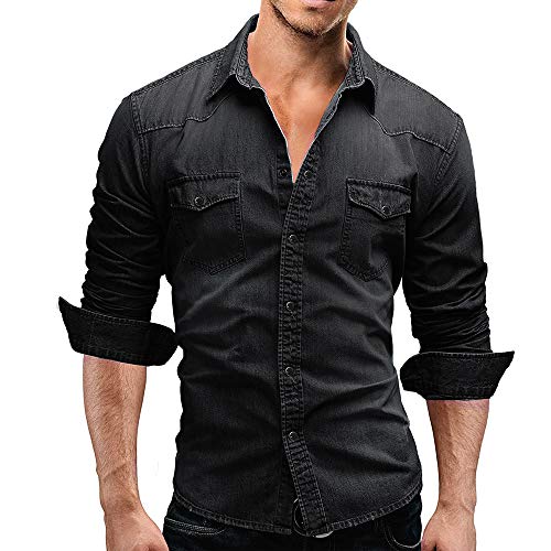 Jiayuan Camisa Vaquera Camisa Vaquera de algodón para Hombre Moda Primavera y otoño Camisa Vaquera Delgada de Manga Larga Moda Lavado Slim Top 3XL