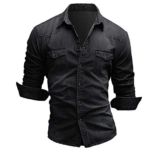 Jiayuan Camisa Vaquera Camisa Vaquera de algodón para Hombre Moda Primavera y otoño Camisa Vaquera Delgada de Manga Larga Moda Lavado Slim Top 3XL