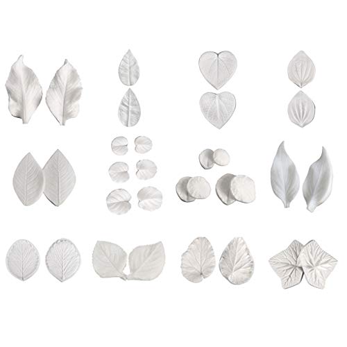 jiheousty 16 Pares de Pasta de azúcar moldes de Vetas de Flores nervaduras de Hojas Molde de Fontant Molde de Silicona Herramientas para Pasteles (12 Tipos de Hojas)