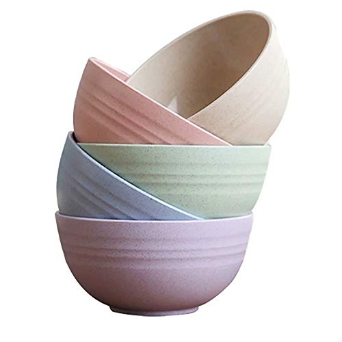 JILIGUALA - Cuenco de plástico para sopa con pajita de trigo saludable, tazón para sopa con cucharas irrompibles para niños, para microondas (4 cuencos, 4 cucharas) Color 5