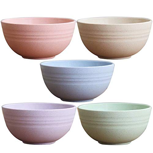 JILIGUALA - Cuenco de plástico para sopa con pajita de trigo saludable, tazón para sopa con cucharas irrompibles para niños, para microondas (4 cuencos, 4 cucharas) Color 5
