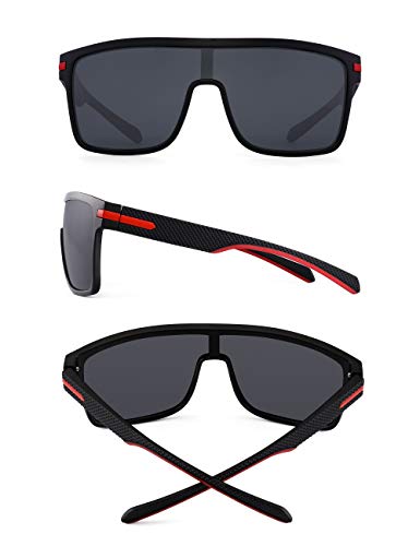 JIM HALO Gafas de sol polarizadas con escudo, gafas cuadradas de gran tamaño con parte superior plana para hombres (montura negra/lente gris polarizada)