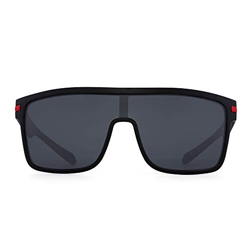 JIM HALO Gafas de sol polarizadas con escudo, gafas cuadradas de gran tamaño con parte superior plana para hombres (montura negra/lente gris polarizada)