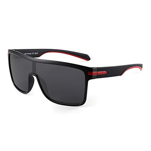 JIM HALO Gafas de sol polarizadas con escudo, gafas cuadradas de gran tamaño con parte superior plana para hombres (montura negra/lente gris polarizada)