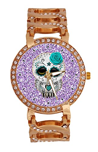 jkfgweeryhrt Brillante Morado con Purpurina con azúcar de Las Mujeres Reloj de Pulsera analógico Banda de Pulsera de Cuarzo con Cadena Rose Oro Tono Acero Inoxidable Lady Vestido Reloj