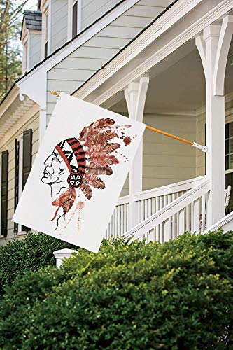JKOVE Bandera,Feather Artistic Portrait Native American Tribe Chief with Traditional Headdress Decorative Redwood Brown Blacko Decorative Garden Flag for Outdoor Lawn and Garden Home