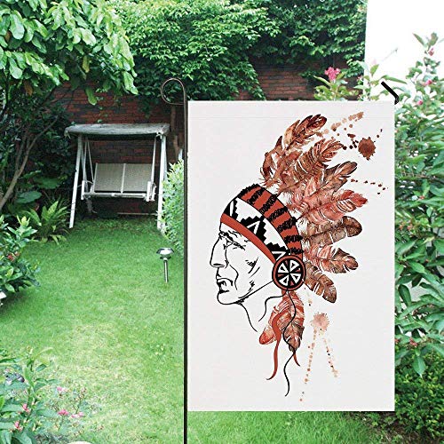 JKOVE Bandera,Feather Artistic Portrait Native American Tribe Chief with Traditional Headdress Decorative Redwood Brown Blacko Decorative Garden Flag for Outdoor Lawn and Garden Home
