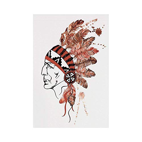 JKOVE Bandera,Feather Artistic Portrait Native American Tribe Chief with Traditional Headdress Decorative Redwood Brown Blacko Decorative Garden Flag for Outdoor Lawn and Garden Home