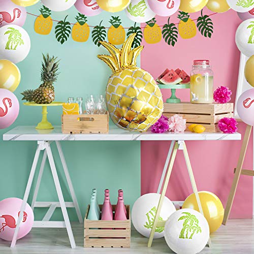 Jolintek Hawaiana Fiesta Tropical Globos Decoración, Decoración de Fiesta Tropical con Pancarta de Piña Hojas Verdes, Látex Globos con Coco y Flamenco, ALOHA y Piña Aluminio Globos Fiesta Hawaiana