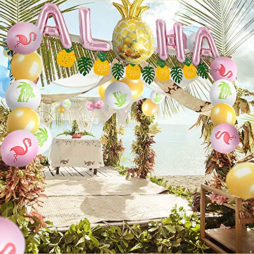 Jolintek Hawaiana Fiesta Tropical Globos Decoración, Decoración de Fiesta Tropical con Pancarta de Piña Hojas Verdes, Látex Globos con Coco y Flamenco, ALOHA y Piña Aluminio Globos Fiesta Hawaiana