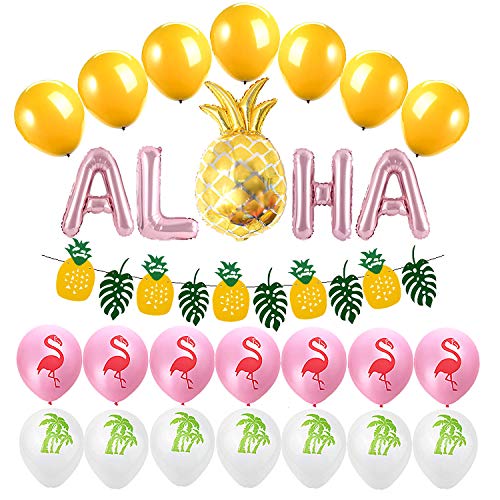 Jolintek Hawaiana Fiesta Tropical Globos Decoración, Decoración de Fiesta Tropical con Pancarta de Piña Hojas Verdes, Látex Globos con Coco y Flamenco, ALOHA y Piña Aluminio Globos Fiesta Hawaiana