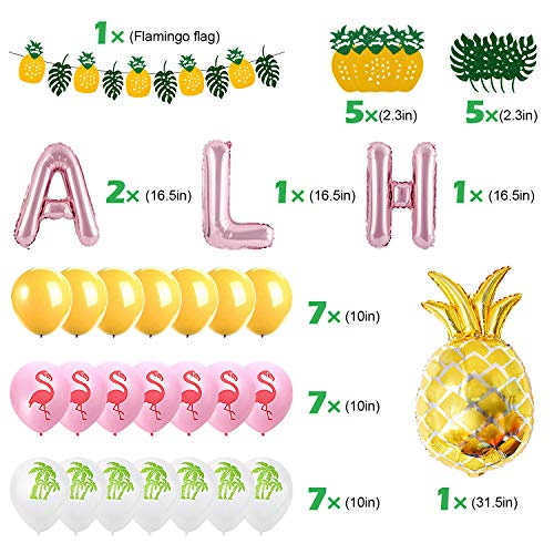 Jolintek Hawaiana Fiesta Tropical Globos Decoración, Decoración de Fiesta Tropical con Pancarta de Piña Hojas Verdes, Látex Globos con Coco y Flamenco, ALOHA y Piña Aluminio Globos Fiesta Hawaiana