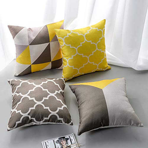 JOTOM Funda de Almohada de Lino de algodón Suave Cuadrada,Funda de cojín Decoración para Sofá,Hogar 45x45 cm, Juego de 4 (Geométrica C)