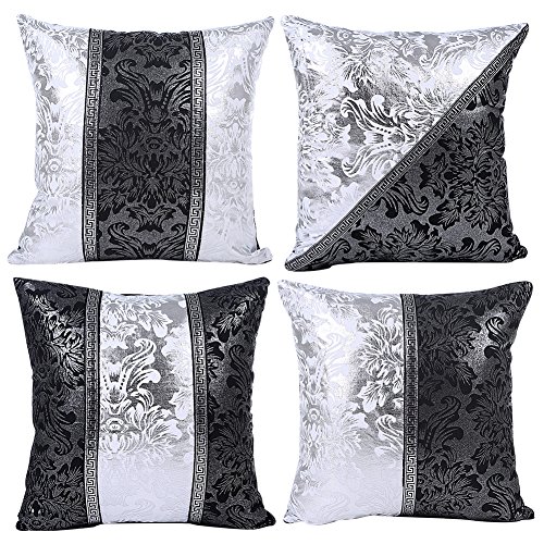 JOTOM Funda de Almohada de Lino de Algodón Suave Cuadrada,Funda de cojín Decoración para Sofá,Hogar 45x45cm, Juego de 4 (Porcelana Negra y Blanca)