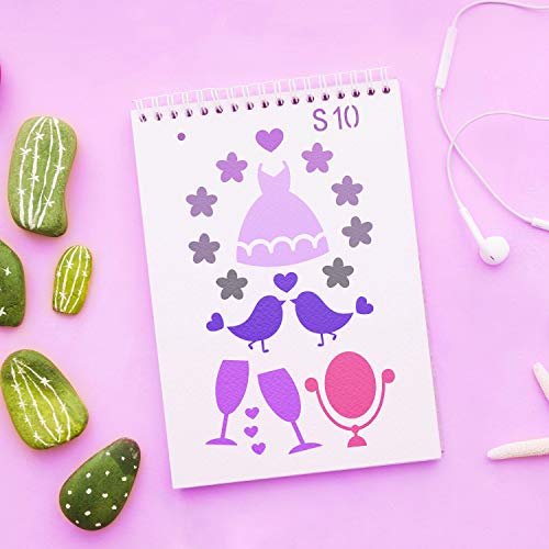 Journal Plantilla para Niños, ARPDJK 36 Piezas Reutilizable Pintura Plantillas y 2 Piezas Anillo de Hebillas con Letras, Números, Animales, Flores para Scrapbook, 3x5.3 Pulgadas Plantilla Accesorios
