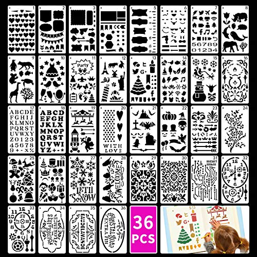 Journal Plantilla para Niños, ARPDJK 36 Piezas Reutilizable Pintura Plantillas y 2 Piezas Anillo de Hebillas con Letras, Números, Animales, Flores para Scrapbook, 3x5.3 Pulgadas Plantilla Accesorios