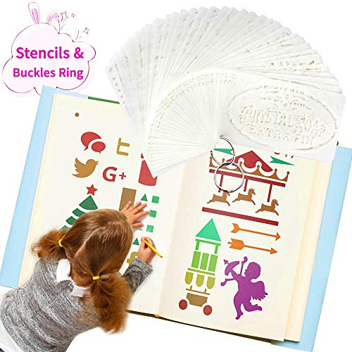 Journal Plantilla para Niños, ARPDJK 36 Piezas Reutilizable Pintura Plantillas y 2 Piezas Anillo de Hebillas con Letras, Números, Animales, Flores para Scrapbook, 3x5.3 Pulgadas Plantilla Accesorios