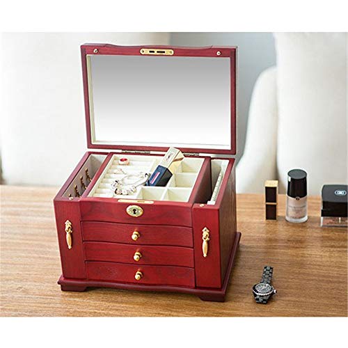 Joyero de madera para mujeres de alta capacidad con 3 cajones Espejo encastrable Organizador de almacenamiento de exhibición de almacenamiento con llave para anillos Pendientes Collar Regalo de cumple