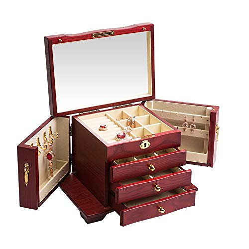 Joyero de madera para mujeres de alta capacidad con 3 cajones Espejo encastrable Organizador de almacenamiento de exhibición de almacenamiento con llave para anillos Pendientes Collar Regalo de cumple
