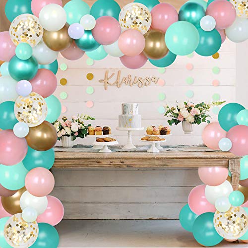 JOYMEMO Menta Verde Oro Melocotón Globo Guirnalda Kit Boda Baby Shower Aniversario Graduación Fondo de cumpleaños con 110 Globos, Decoraciones de Espuma de mar cromada