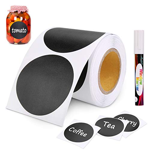 Joyoldelf - Juego de 150 pegatinas de pizarra reutilizables para cocina con 1 bolígrafo de tiza blanca, etiqueta extraíble para decorar tu oficina de almacenamiento de despensa (redondo)