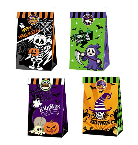 JoyTplay 24pcs Halloween Bolsas de Papel Regalo Bolsas Kraft con Truco o Trato Pegatina para Recuerdo Golosinas Galletas Nueces Chocolates Bolsa de Dulces Decoraciones de Halloween