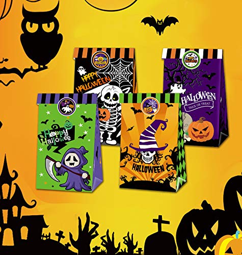JoyTplay 24pcs Halloween Bolsas de Papel Regalo Bolsas Kraft con Truco o Trato Pegatina para Recuerdo Golosinas Galletas Nueces Chocolates Bolsa de Dulces Decoraciones de Halloween