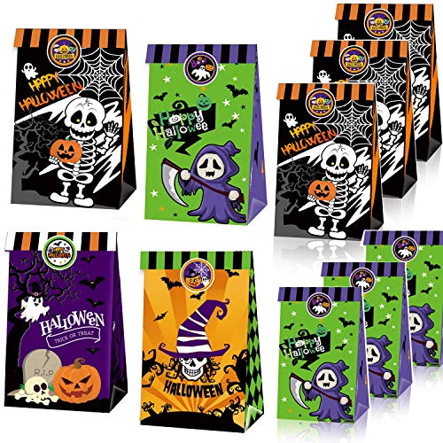 JoyTplay 24pcs Halloween Bolsas de Papel Regalo Bolsas Kraft con Truco o Trato Pegatina para Recuerdo Golosinas Galletas Nueces Chocolates Bolsa de Dulces Decoraciones de Halloween
