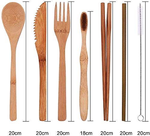 JPYH Set de 7 Piezas Cubiertos de Bambú, Juego De Vajilla De Camping Reutilizable, Juego De Vajilla De Viaje, Tenedor, Cuchillo, Palillos, Cuchara, Pajita, Cepillo De Limpieza
